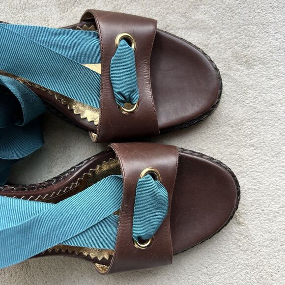 BCBGMAXAZRIA Brown Turquoise Wide Strap Stacked Wedge Heel Sandals Women 39 US 9 - Picture 9 of 16